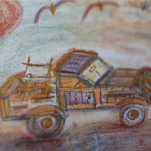 Vintage Truck Stuck Art Painting By Self 10 X 8 " Canvas Chalk Medium With Easel